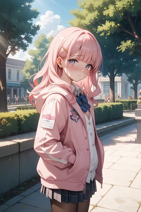 pink hair/long hair/girl/shy/school/pink jacket/anime