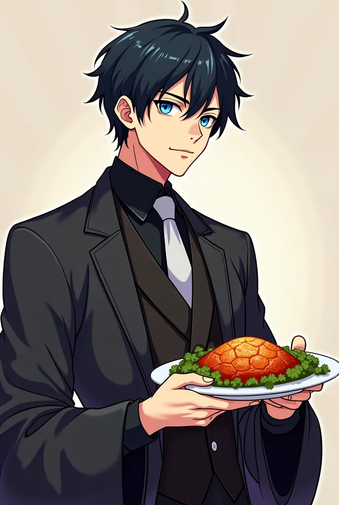 a cartoon image of a man holding a plate of food, manhwa, webtoon, handsome prince, anime handsome man, handsome guy in demon slayer art, a handsome man，black short hair, extremely handsome, inspired by Ma Yuanyu, tall anime guy with blue eyes, webtoons, i...