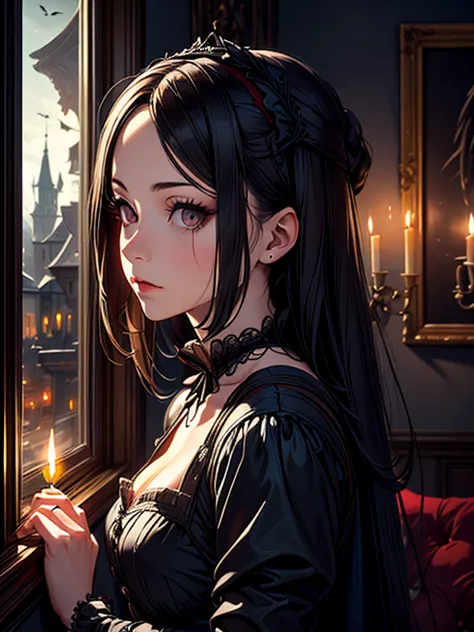 Night, A woman in a Victorian costume looks out the night window with a candle,    Masterpiece  ,   best quality ,  1girl, One,   dark hair,  looking out the window , (((   Masterpiece  )),  eyes wide open  ,  gothic walls (old portraits on the walls),    ...