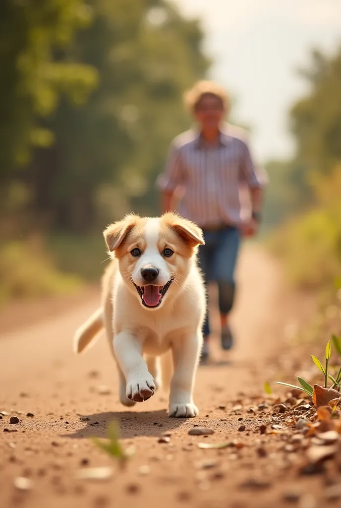 The puppy de cachorro, with its bright eyes and soft coat, runs joyfully along dirt roads, the energy overflowing with each movement. Next to him, its owner walks,  sharing moments of pure happiness . the connection between them is evident, reflecting a hu...