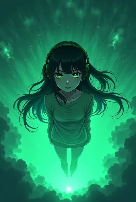 Anime girl with green eyes, long black hair, floating in glowing space, with sad expression wearing green headset