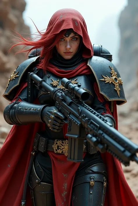 warhammer 40k black templar Female sniper with red hair with white accents in black armor with red accents with a red cloak 