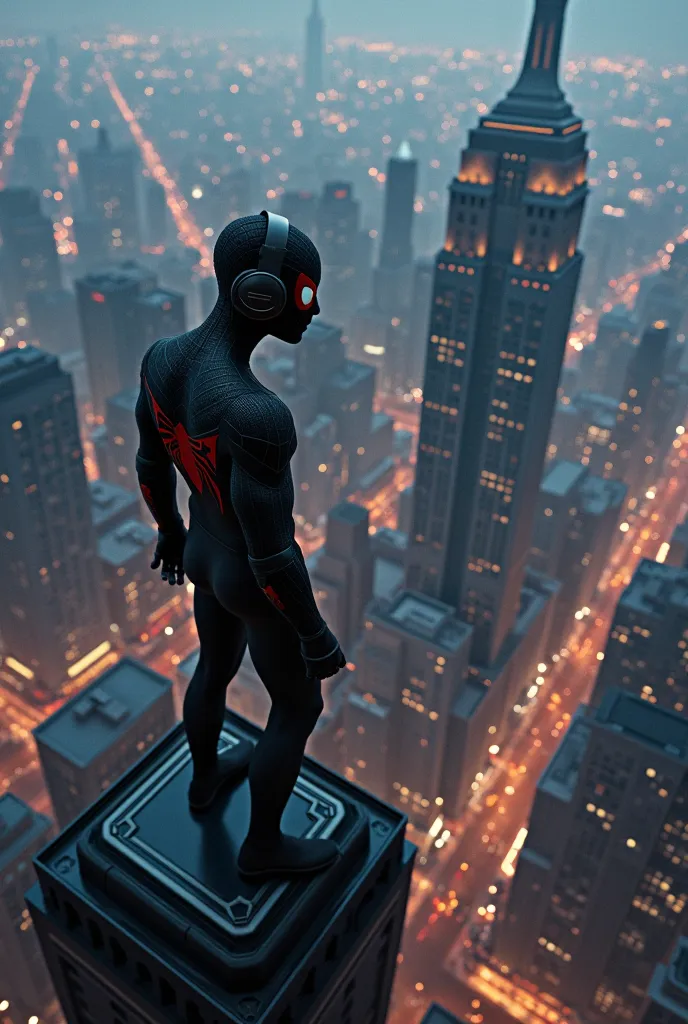 Create a wallpaper where in the corner of the image you can find Mike Morales in his black Spider-Man costume listening to music with a dark sweater on the top of a skyscraper with the landscape surrounding the city.