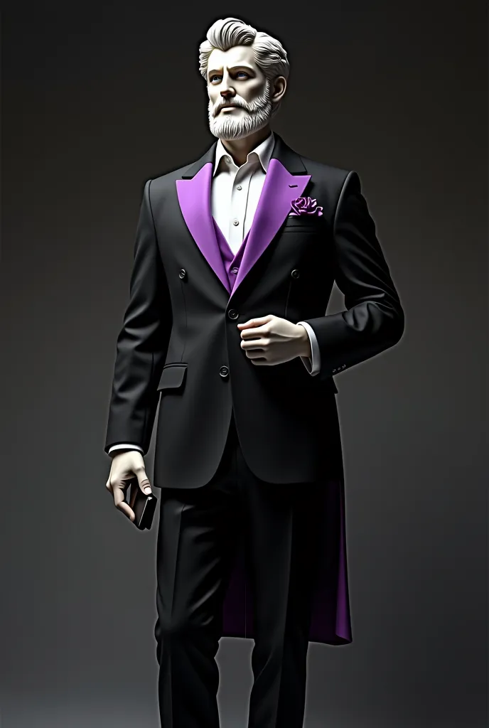 GREEK STATUE DRESSED IN A BLACK SUIT WITH PURPLE DETAILS HOLDING A TABLET AND SMILING