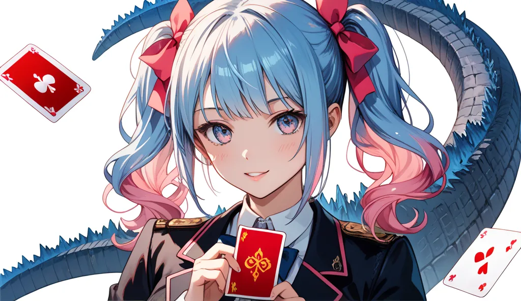  Anime style girl, light blue hair pink locks with 2 pigtails, Breasts 34C, With Godzilla's tail,  half body, holding a card in his hand, white background