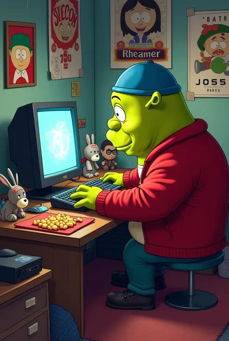 Sherk con cosplay de Cartman jugando en la computadora