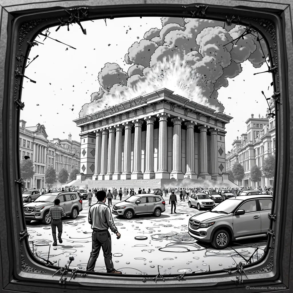 A shattered television screen shows a chaotic scene of a massive bank engulfed in flames. Thick smoke billows into the sky as the fire consumes the structure, its windows shattered and walls collapsing. People are seen running frantically, their silhouette...