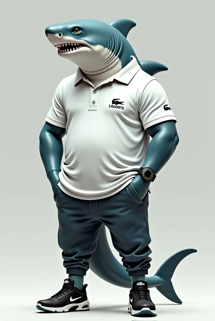 Un requin avec un ensemble Lacoste et des nike TN au pieds 