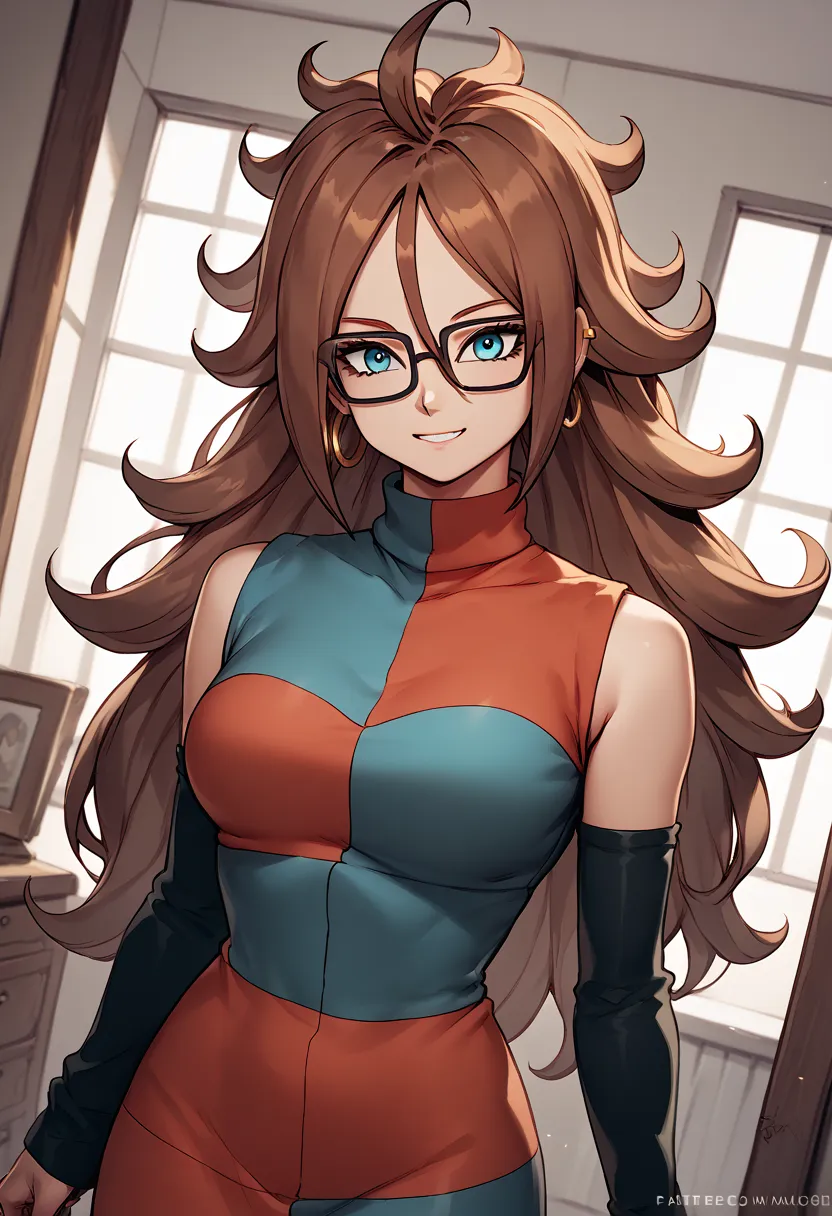 score_9, score_8_up, score_7_up, source_anime,
android21, android 21, blue eyes, brown hair, glasses, long hair, very long hair, black-framed eyewear, smile,
black sleeves, checkered clothes, checkered dress, detached sleeves, dress, turtleneck,
indoors,
l...