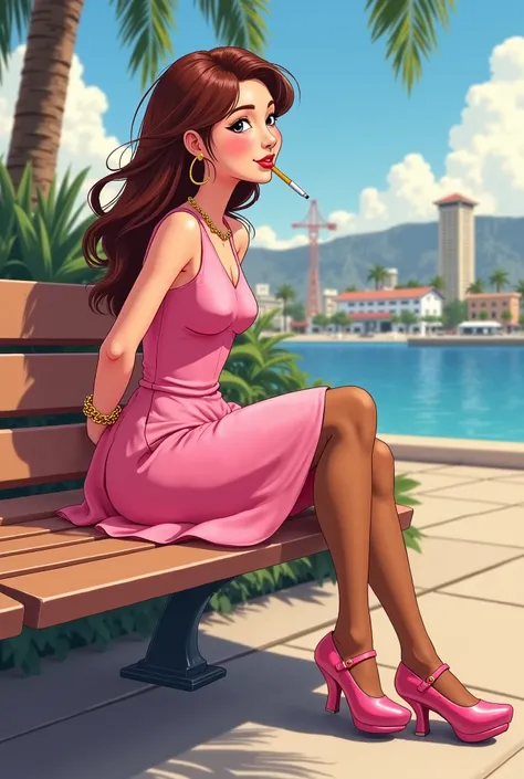 Tip: A very lovely  beautiful Asian American woman being happy alone on a bench in Downtown San Diego in the sun… The illustration is a high definition illustration with 4k resolution., with highly detailed facial features and cartoon style visuals, pink k...