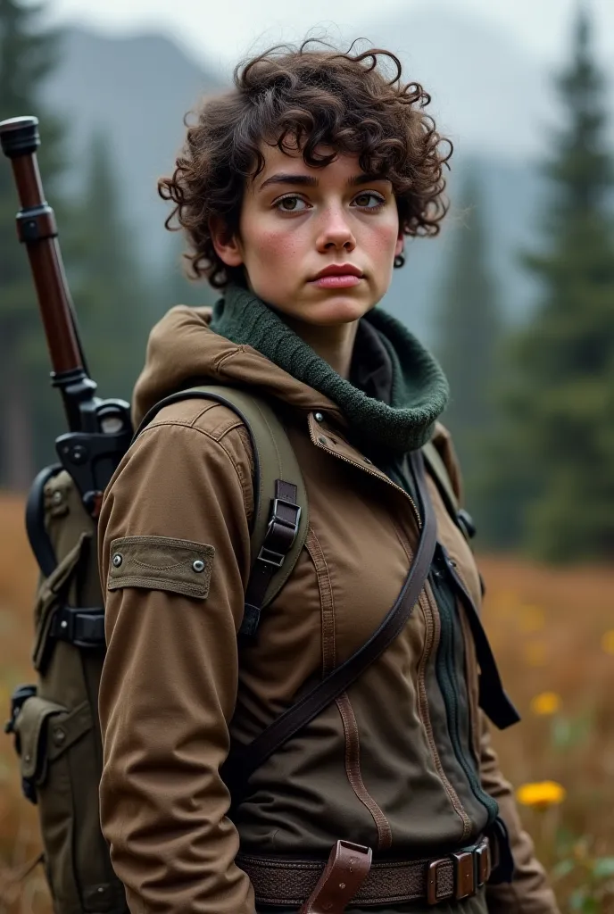 A twenty-six-year-old woman with a. profile with short curly hair and dressed in hunting clothes