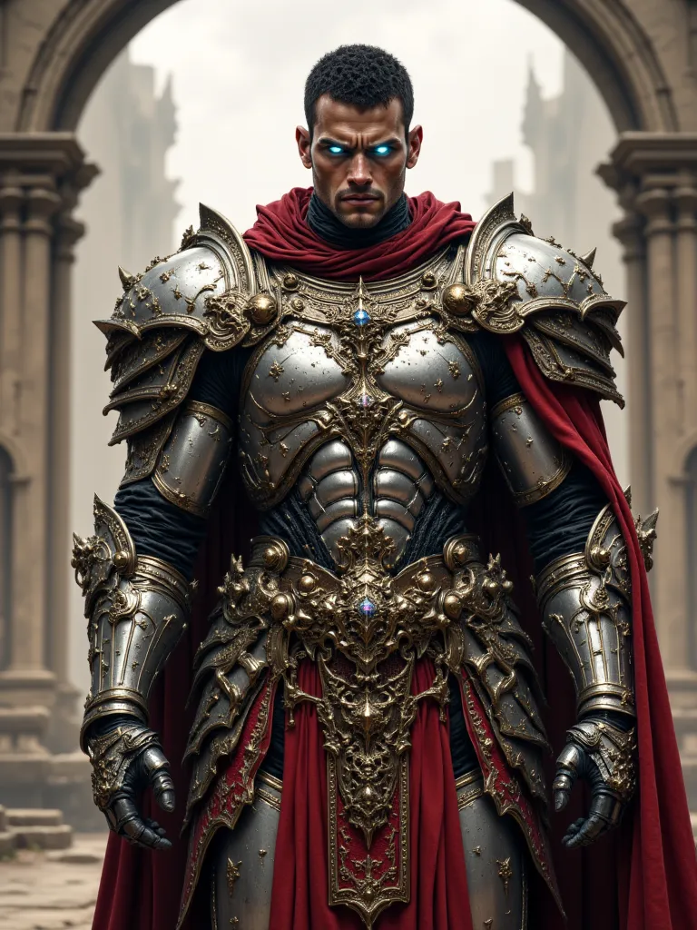 A Heavily Muscled Man, Silver colored steel skin, Black Caesar cut hair, Fresh faced, Flesh made of Steel, Heavy Red Roman Armor with gold Accents, Red Heavy Roman Gauntlets with gold and silver accents, With Glowing white Irises black Pupils and white sca...