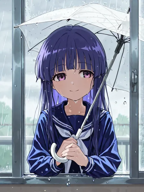 1 girl, Alone, rika furude, long hair, bangs, blue hair, purple eyes, blunt bangs, purple hair
 BREAK
high school student, Transfer Student, Appearing on a Rainy Day, long wet black hair, Deep Eyes, Blue Sailor Suit, Holding a white umbrella, smile quietly...