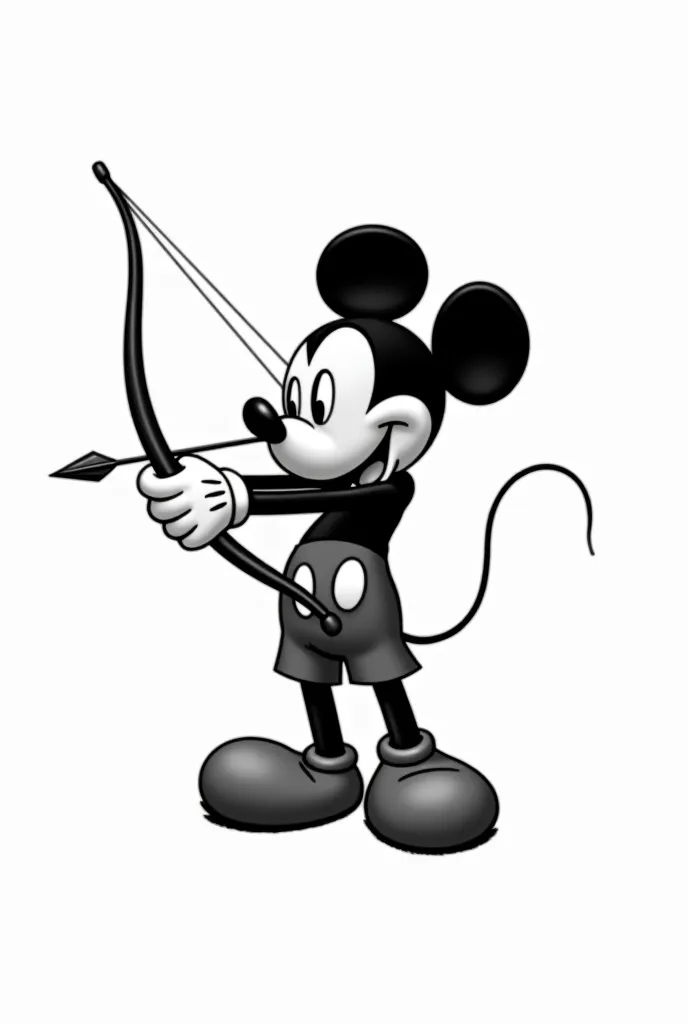 Mickey Mouse shooting with a bow in black and white