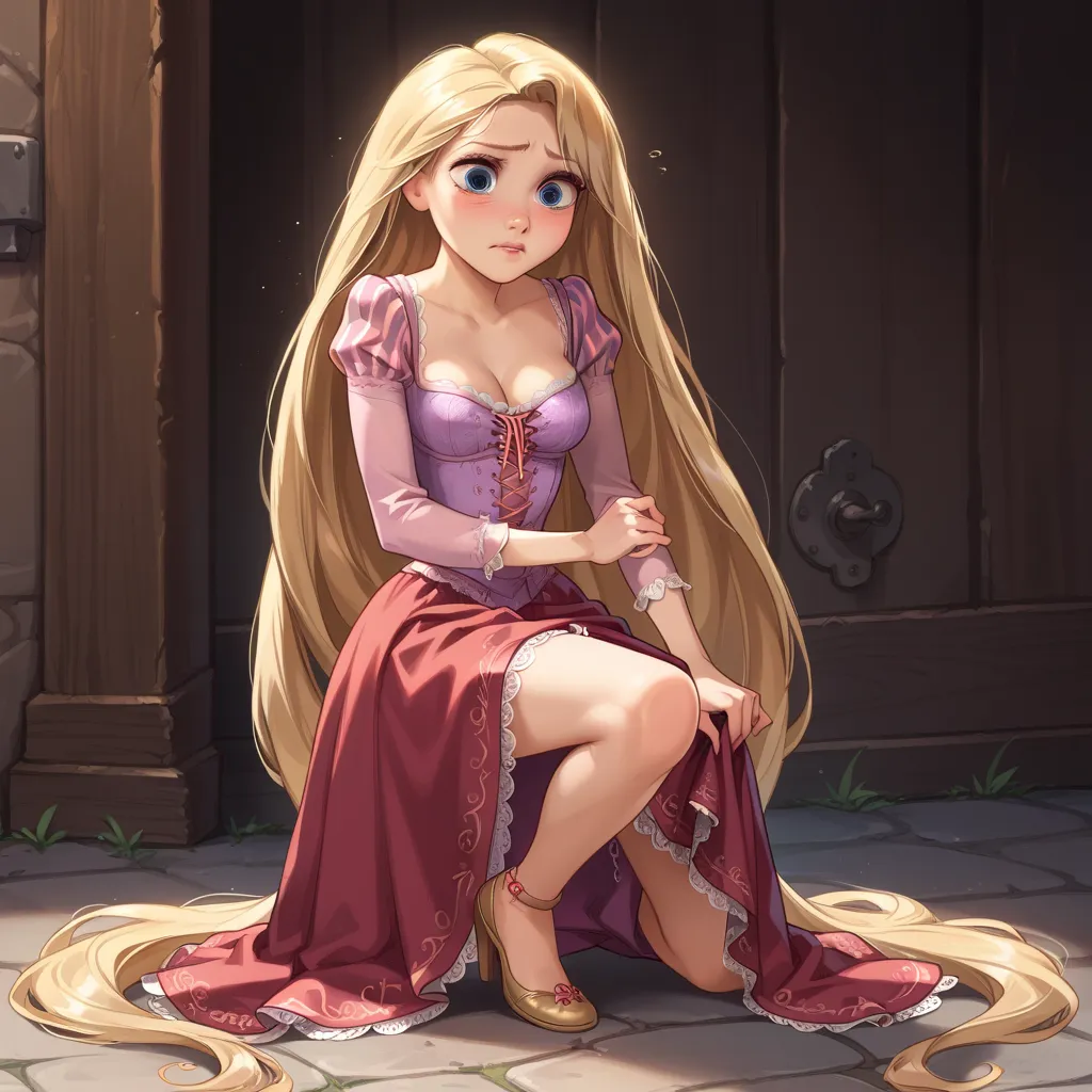 1girl ,rapunzel, skinny, beautiful, blue eyes, ((red dress)), rapunzel on her knees, horny, busty breasts, wearing push-up bra, nervous, (hips up in the air), humping, aroused, masturbating, (one leg back, posting down on one knee) straining, (baring her t...