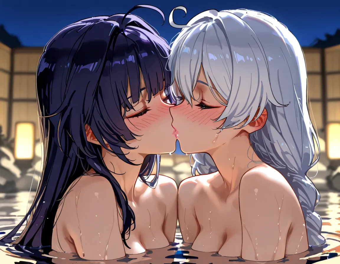 masterpiece, best quality, 4k, 8k, highres, ultra-detailed, HDR, UHD, sharp focus, extreme detail description, anime style,Source anime ,partially submerged,kiana kaslana, Raiden mei, honkai impact,naked, kiss, kissing, lesbian , blush,pink lips ,hot sprin...