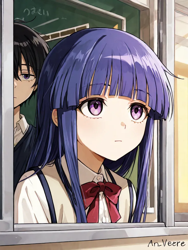 1 girl, Alone, rika furude, long hair, bangs, blue hair, purple eyes, blunt bangs, purple hair
 BREAK
high school student, Transfer Student, Appears quietly, long black hair, expressionless, The shadows of her uniform flickering, staring at me from outside...