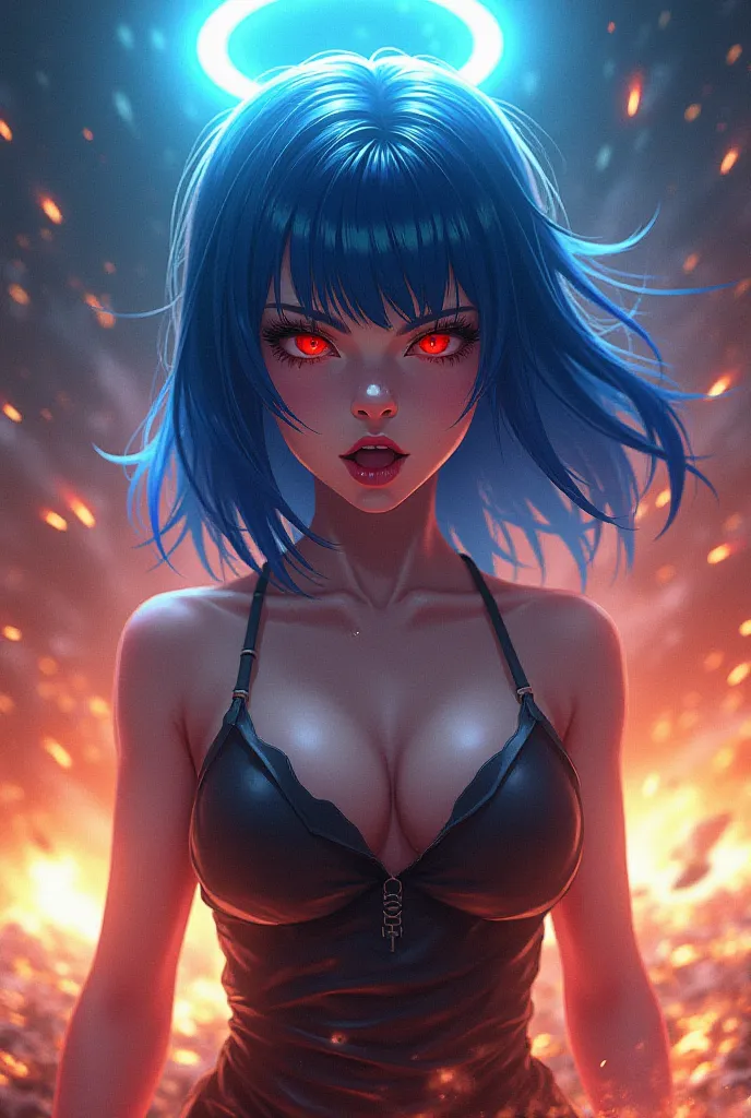 one girl, explosions,  red eyes, blue hair, tongue,  halo mask on the head , Breasts, big breasts, open mouth, mysterious, 