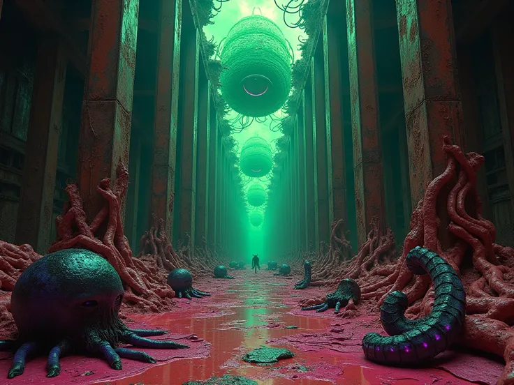 "Ultra-detailed 8K wallpaper, Zdzisław Beksiński style meets H.P. Lovecraft mythos: A post-apocalyptic biomechanical wasteland in surreal neon-noir tones. The scene centers on a narrow, decaying passage flanked by pulsating organic-metal structures (resemb...