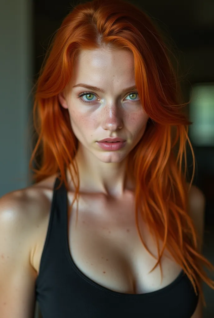 Redhead with intense green eyes,  fair and delicate skin, but with a penetrating and expressive look. She has a slender and athletic body due to her exercise routine. realistic photo 