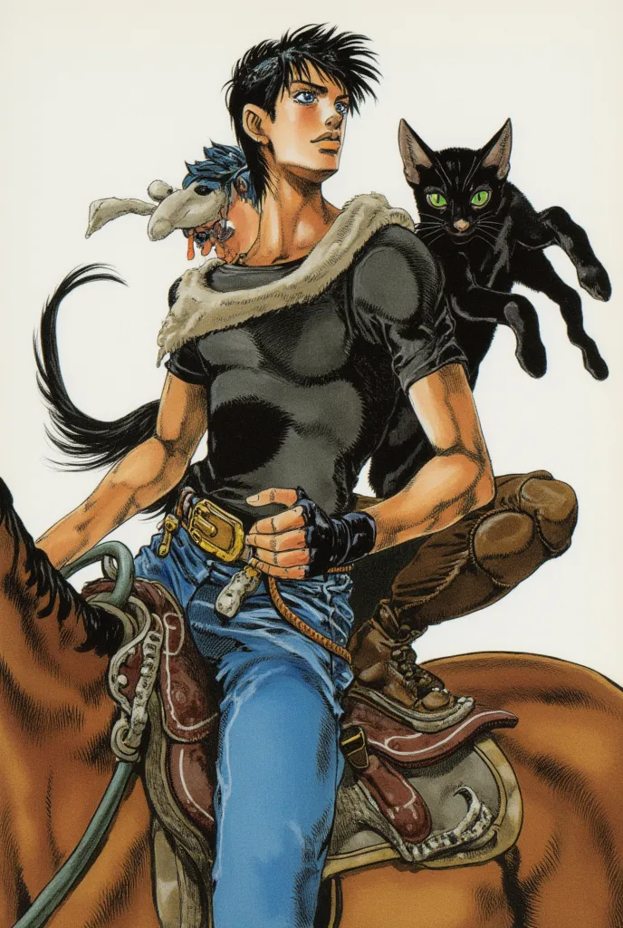 A ager with short black hair ,  blue-eyed hair, short sleeve black compression shirt, It's blue jeans,  he wears black fingerless gloves . He's riding a horse, Along with a black cat, anthropomorphic, green eyes. He wears a gray tank top, A brown pair of p...