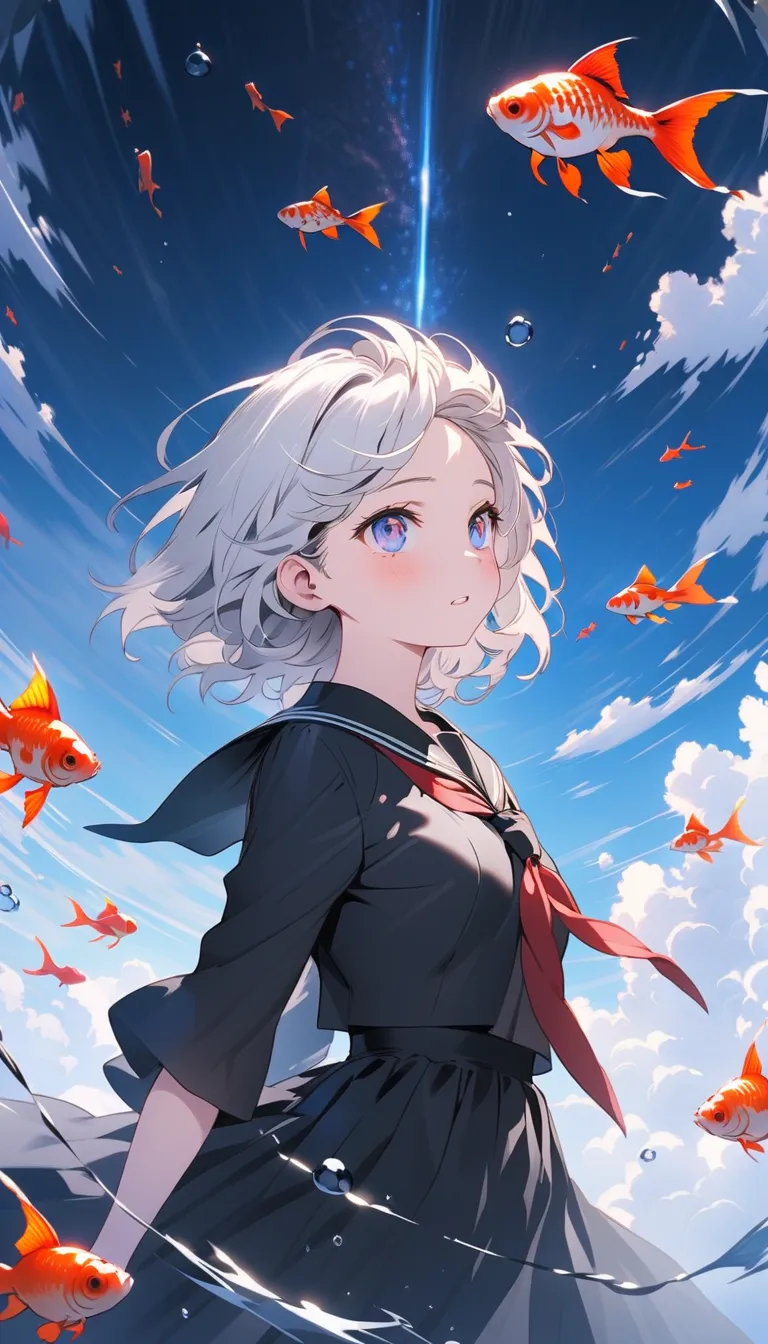 (woman\(student, Age 15, ＪＫ,  short hair,  Silver Hair, floating hair, Space-colored eyes , black sailor suit\(High school\), pale skin,  tired face, no light in eyes\) in bed looking up at the sky), (Many goldfish are swimming in the air), beautiful sky f...