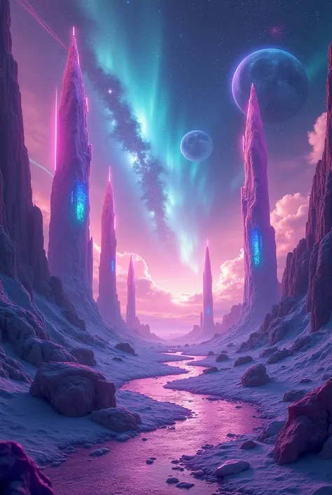 A surreal cosmic vista exploding with vivid colors and intergalactic energy. Towering crystalline structures rise from a shimmering, otherworldly terrain, glowing with hues of neon purple and iridescent turquoise. Above, a swirling galaxy radiates light, w...