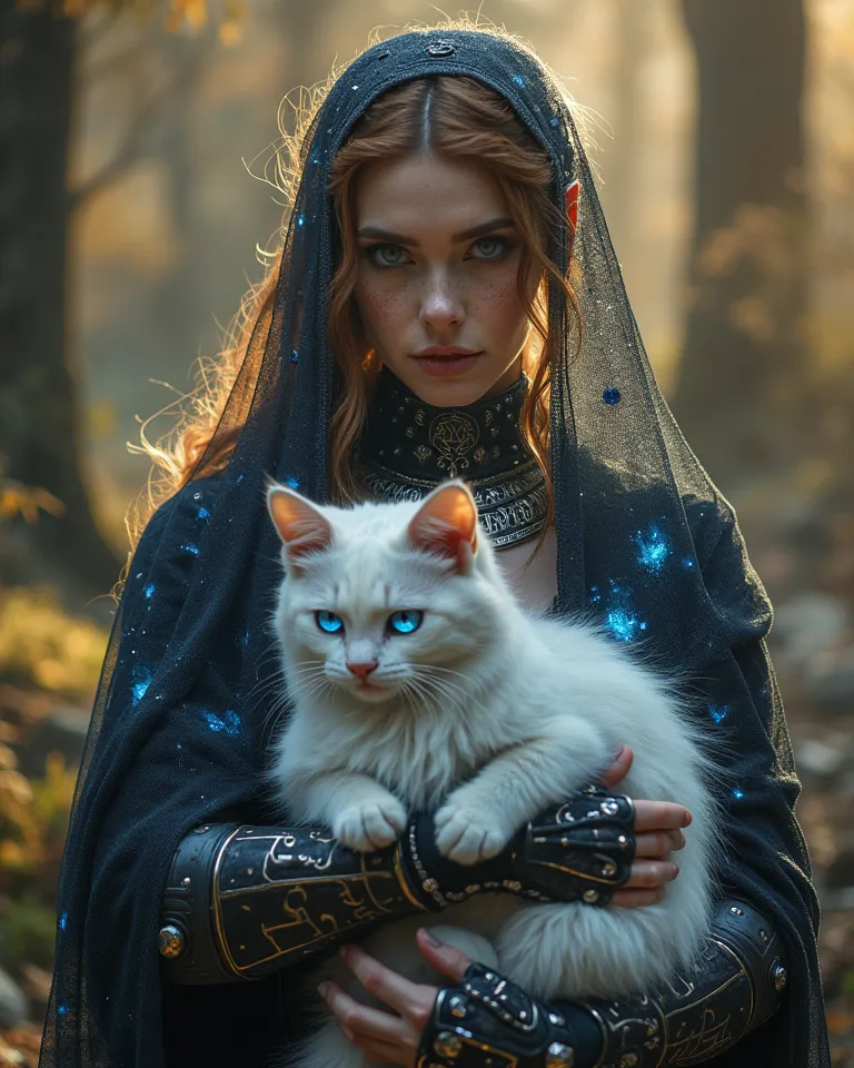 Create a photorealistic editorial fantasy portrait of a 24-year-old elven sorceress with chestnut hair, glowing sapphire eyes, and dewy skin, wearing a translucent obsidian veil embroidered with star-gems, ivory runic armor with glowing Celtic engravings, ...