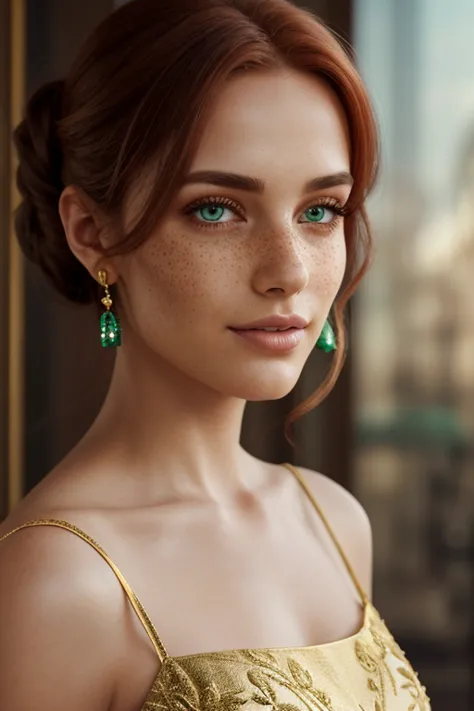 Beautiful Italian woman, redhead, light freckles on the nose, with elegant dress with gold embroidery, hair up, emerald green eyes, (14k), hyperrealism, high details in the dress.