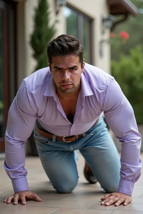 Fotografía realista, 35-year-old muscular (((atletic man))) , crawling on the floor, View from below, nalgon de perfil, light purple formal shirt and very tight pale blue levis jeans, brown belt, de perfil, Big butt, viendo a cámara, ojos negros, en el pat...