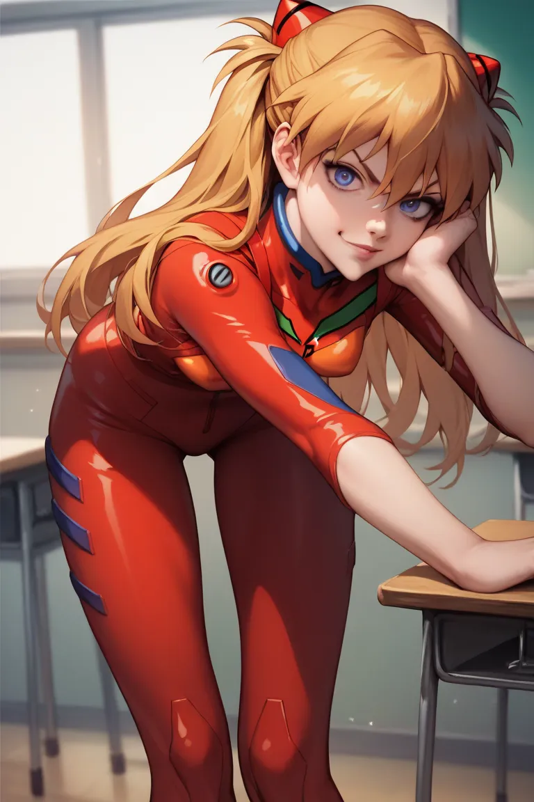 Highly detailed, slender legs, thin waist, anime, anime style, in classroom, normal sized body, shadows, sexy eyes, highly detailed eyes,, 8k, sexy face, sexy smile, small breasts,  anime style, black outline, bright colors, vibrant, Asuka Langley Soryu,, ...