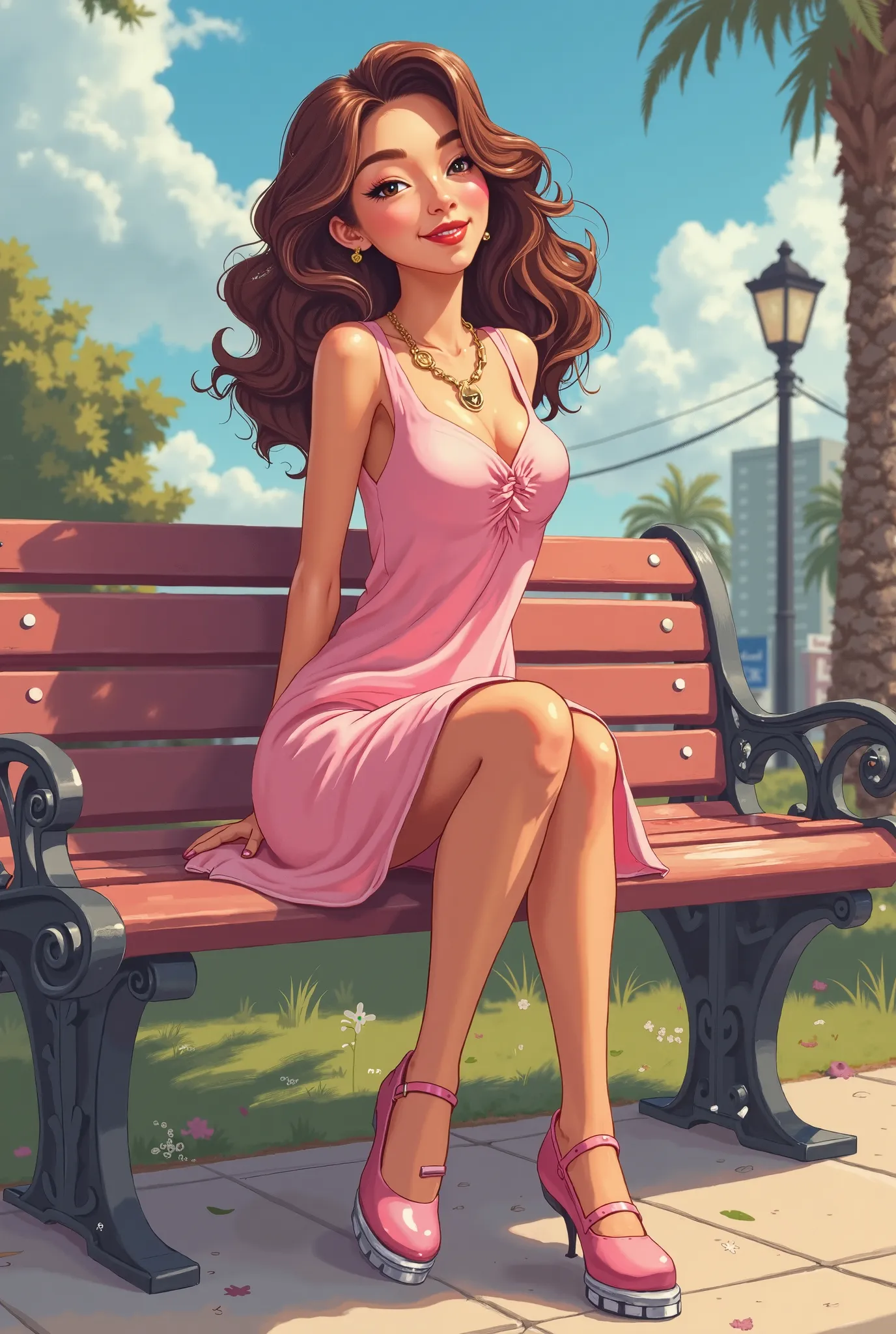 Tip: A very lovely  beautiful Asian American woman being happy alone on a bench in Downtown San Diego in the sun… The illustration is a high definition illustration with 4k resolution., with highly detailed facial features and cartoon style visuals, pink k...