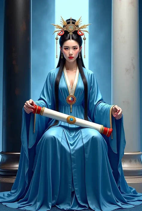 "The High Priestess" tarot card in Chinese Wuxia style like "The Legend of the Condor Heroes." Feature an imposing, majestic Chinese female immortal/priestess with commanding presence and dignified elegance. She is seated centered between traditional Chine...