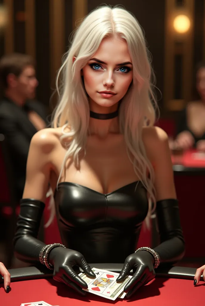 A beautiful Instagram model with long white hair and green eyes, seated at the VIP blackjack table in an exclusive Monte Carlo casino. She wears a strapless leather dress, gloves that extend past her elbows, and a single diamond bracelet that catches the l...