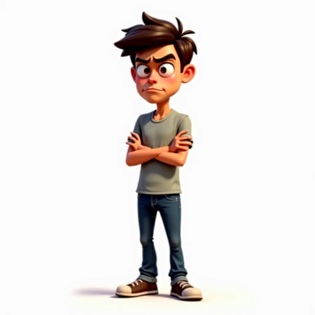 **Cartoon-style Prompt in Toon Boom Harmony (White Background):**

**Scene:**  
A **young man** with **light tan skin** and **short, messy hair** stands with a **frown** on his face, his arms crossed tightly across his chest. He is dressed in a **casual t-...