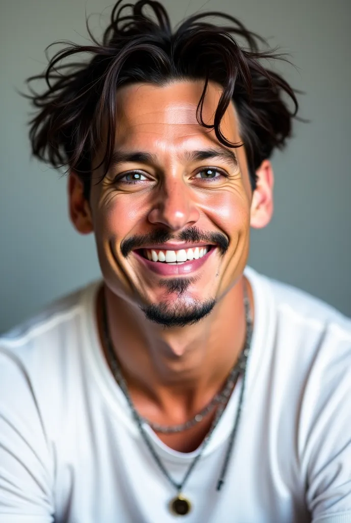 Johnny Depp smiling in a white t-shirt