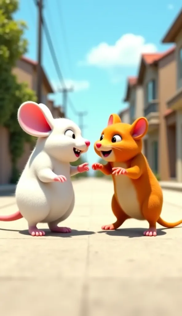 Animated scene of a white mouse and an orange cat interacting on a street. The mouse, large and fluffy, is positioned on the left side of the image, apparently in a fighting or attacking position. The cat, equally large and with orange-red fur, is on the r...