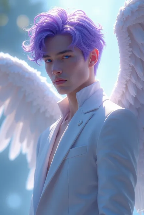 35-year-old angel man, Violet hair,  pale skin,  vibrant blue eyes ,  wearing a white suit .
