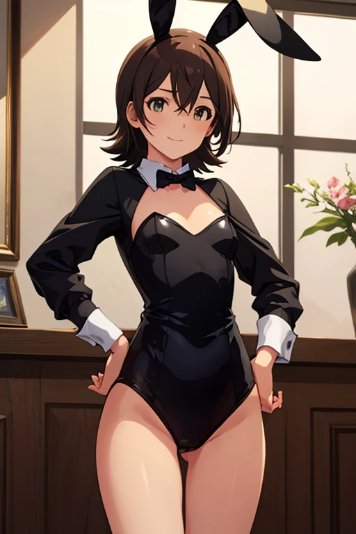 (masterpiece:1.3), (Best Quality:1.1), (8k, very detailed), ( Ultra High Resolution ), ( anime style), (perfect five fingers), (perfect anatomy), one girl,Mirai Kasuga,,   slender body, small breasts,  Read more, ( black playboy bunny), ( black fake rabbit...