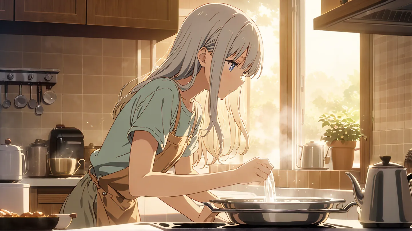 Masterpiece, best quality, highly detailed anime illustration, (soft shading:1.2), gentle kitchen lighting, cinematic composition, medium shot

scene:
kitchen, hot water pouring from kettle spout, rhythmic "kopokopo" sound, steam starting to rise from drip...