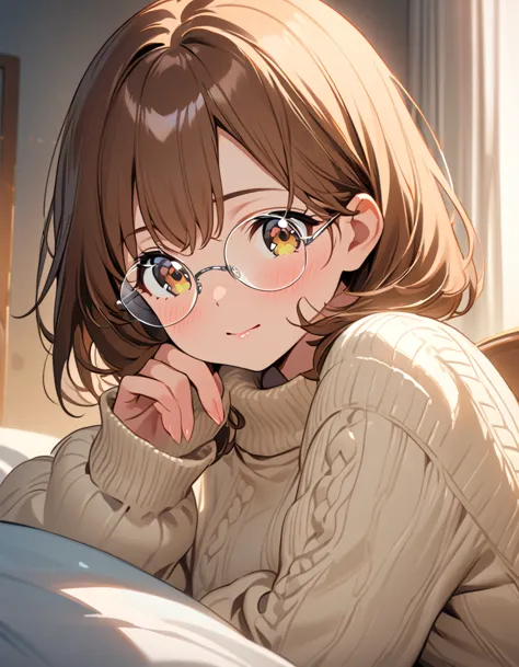 Masterpiece, little sister, brown eyes, braided hair, round transparent cute glasses, cream colored sweater, hair with bangs, anime