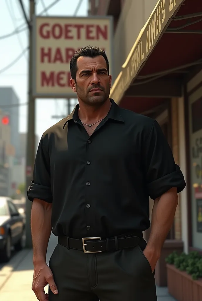 Photo by Tony Cipriani from GTA 3 wearing a black shirt and pants, in front of his mother's restaurant in Liberty City, photo date 1999, окружение конца 90-ых