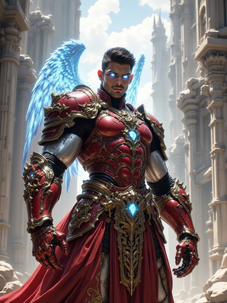 A Heavily Muscled Man, Silver colored steel skin, Black Caesar cut hair, Fresh faced, Flesh made of Steel, Heavy Red Roman Armor with gold Accents, Red Heavy Roman Gauntlets with gold and silver accents, With Glowing white Irises black Pupils and white sca...