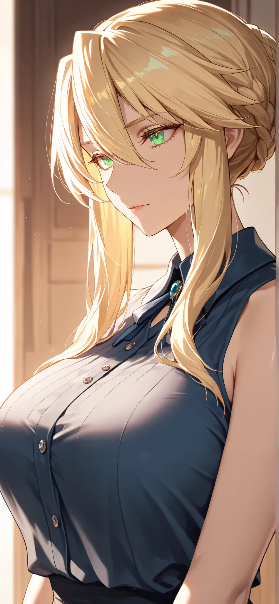 Masterpiece, very aesthetic, vibrant, high contrast, high resolution, ultra detailed, elegant mature woman, artoria Pendragon (lancer), casual Sleeveless clothes, housewife, upper body, soft light, best quality, newest, castlevania: nocturne animes style, 