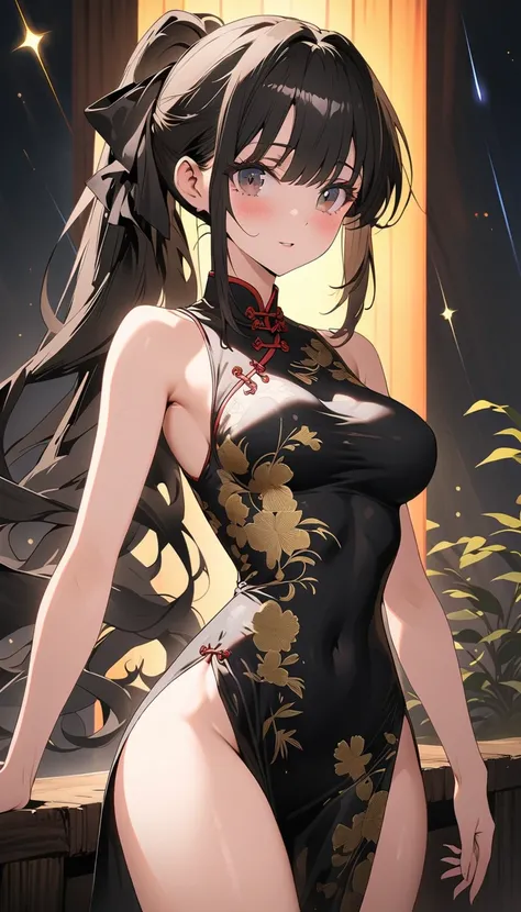 1girl, solo, long hair, looking at viewer, blush, black hair, bare shoulders, medium breasts, standing, hair ribbon, ponytail, sidelocks, thighs, hair bow, cowboy shot, parted lips, star (symbol), black dress, black eyes, bare arms, sleeveless dress, cover...