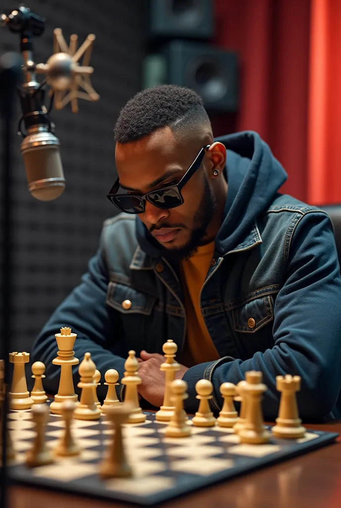 A white rapper with sunglasses playing chess in a recording studio