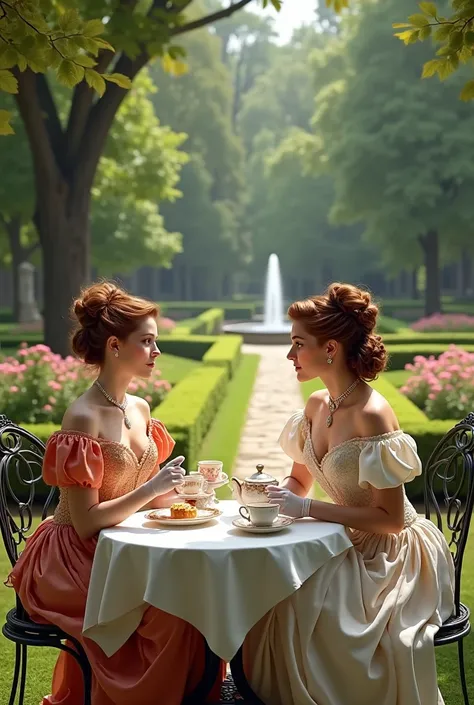 2 brown-haired countesses having tea in the garden. Meanwhile, we would look towards us