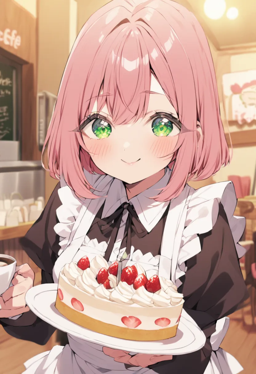 (hakari hanazono) wearing a maid, working at a maid cafe, she is holding a tray and serving the table with a coffee and a cake, Showing a smiley face,   short pink hair  , green eyes