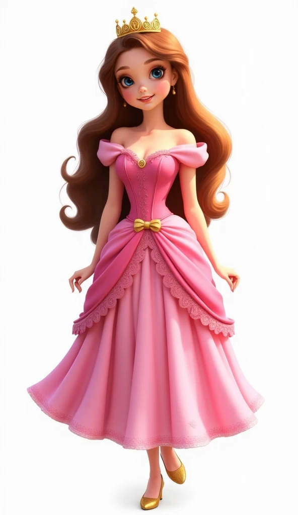 A beautiful "" princess, Disney Pixar style, with long brown hair. She wears a charming pink dress, with a tight bodice and delicate lace design on the top. The straps are puffy, with layered details on the skirt that create a light and fluid effect. with ...