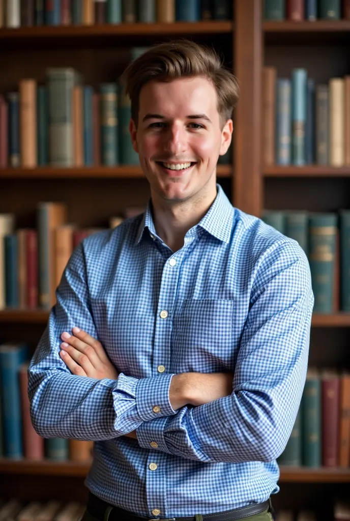 A realistic photo of this man crossing arms, smiling and wearing a royal gingham shirt in front of a shelf full of books